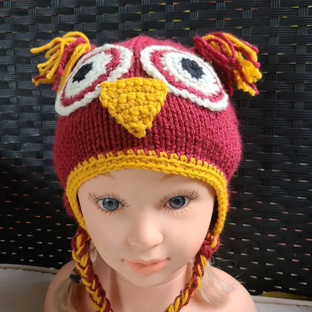 Kids Handmade Knit Crochet Owl Hat with earflaps Size 6-12 MONTHS